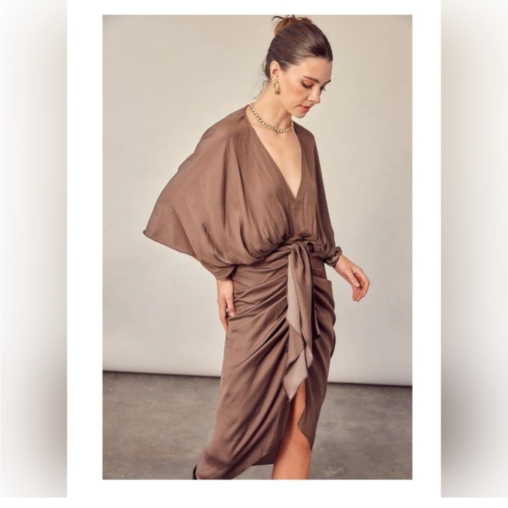 Faeriesty Satin Brown V-Neck Front Drape Dress